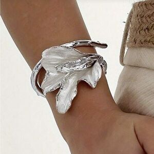 Elegant White Enamel Iris Leaf Bangle Bracelet